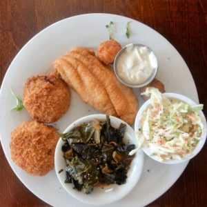 fried fish, greens and slaw